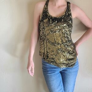 Diane Von Furstenberg Womens Sequined Tank Top Shirt Gold Size 8 100% Silk